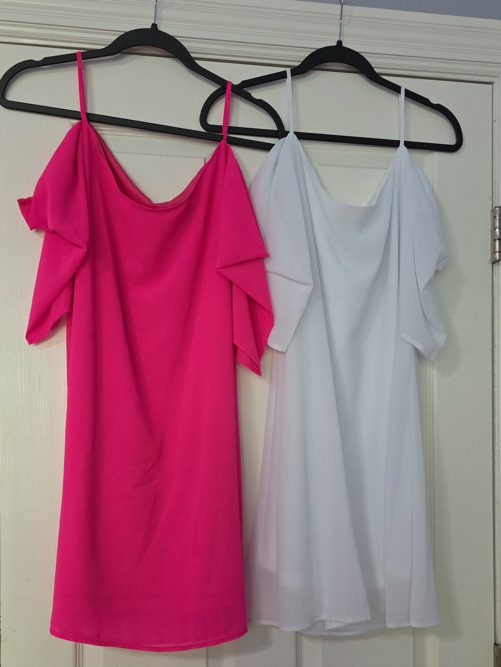 Off-Shoulder Spaghetti Strap Dress in Hot Pink and White